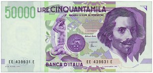 obverse: REPUBBLICA ITALIANA - 50.000 Lire Bernini - Decr. 27/05/1992 EE469331 E.