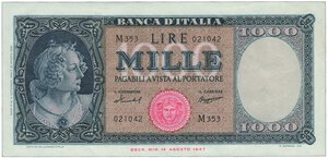 obverse: REPUBBLICA ITALIANA - 1.000 Lire ‘Medusa’ - Decr. 15/09/1959.