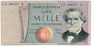 obverse: REPUBBLICA ITALIANA - 1.000 Lire Verdi - Decr. 10 gennaio 1977 - Con varietà stampa Medusa spostata a sin.