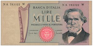 obverse: REPUBBLICA ITALIANA - 1.000 Lire Verdi - Carta ocra - Decr. 25/03/1969.