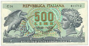 obverse: REPUBBLICA ITALIANA - Biglietto di stato - 500 Lire - Decr 23/04/1975.