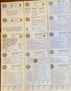obverse: GALERIE DES MONNAIES SA, Lousanne / Geneve (Suisse). Lotto di 16 listini anni  70. Ottimo stato