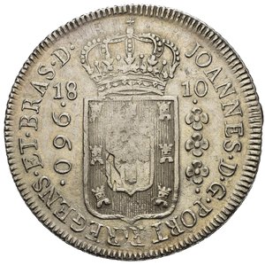 obverse: BRASILE. Joao (1799-1818). 960 Reis 1810. Ag (26,48 g). Ribattuta su 8 reales. KM#307. SPL