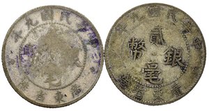reverse: CINA. CHINA. Kwang Tung Province. Lotto di 2 monete da 20 cents. MB-BB