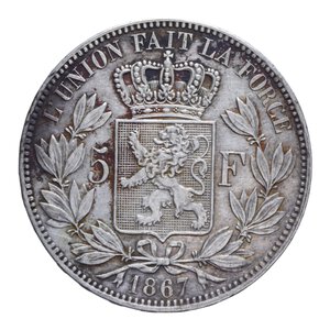 reverse: BELGIO LEOPOLDO II (1865-1909) 5 FRANCHI 1867 AG. 25,00 GR. BB/BB+ (TRACCE DI PULIZIA)