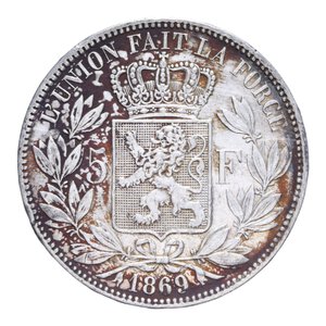 reverse: BELGIO LEOPOLDO II (1865-1909) 5 FRANCHI 1869 AG. 25,00 GR. BB (TRACCE DI PULIZIA)