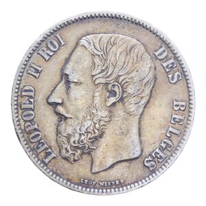 obverse: BELGIO LEOPOLDO II (1865-1909) 5 FRANCHI 1873 AG. 24,90 GR. BB