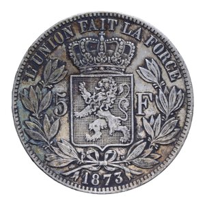 reverse: BELGIO LEOPOLDO II (1865-1909) 5 FRANCHI 1873 AG. 24,90 GR. BB