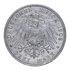 reverse: GERMANIA BADEN FEDERICO II (1907-1918) 3 MARCHI 1908 G (STOCCARDA) AG. 16,61 GR. BB/BB+