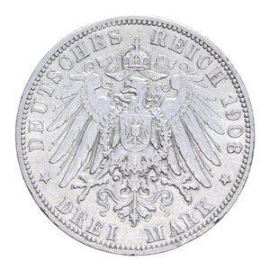 reverse: GERMANIA PRUSSIA GUGLIELMO II (1888-1918) 3 MARCHI 1908 A (BERLINO) AG. 16,64 GR. BB+