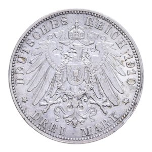 reverse: GERMANIA WURTTEMBERG GUGLIELMO II (1888-1918) 3 MARCHI 1910 F AG. 16,67 GR. BB-SPL (COLPETTO)