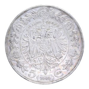 reverse: AUSTRIA FRANCESCO GIUSEPPE (1848-1916)  5 CORONE 1909 AG. 23,96 GR. BB+ (COLPETTI)