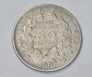 reverse: BOLIVIA. 50 CENT 1902 C 29,7MM/11,4GR BB.