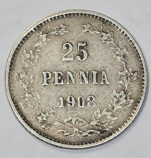 reverse: FINLANDIA. 25 PENNYA 1908 C 16MM/1,27GR MB+.