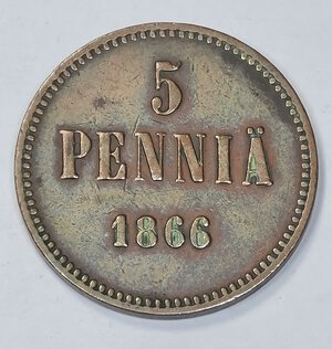 reverse: FINLANDIA. 5 PENNYA 1866 C 25MM/6,35GR MB/BB.