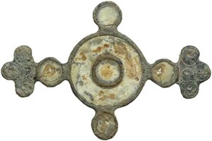 obverse: GALLO-ROMAN GEOMETRIC FIBULA  Roman period, c. 2nd-3rd century AD.  Gallo-roman bronze fibula with enamel bone inlays and geometric engraved decorations.   Dimension: 57x37 mm