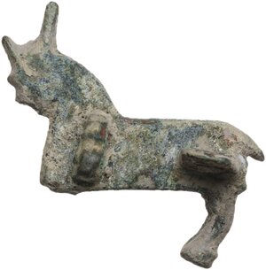 reverse: ROMAN BRONZE BROOCH  Roman period, Balkans, c. 3rd-4th century AD.  Roman bronze fibula in the form of a quadruped (horse?), hooped decoration.  Lenght: 31 mm
