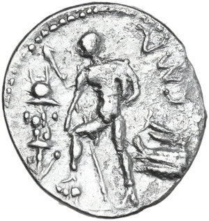 reverse: C. Poblicius Malleolus, A. Postumius Sp. f. Albinus and L. Metellus.. AR Denarius, 96 BC