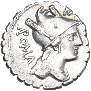 obverse: C. Poblicius Q. f.. AR Denarius serratus, 80 BC
