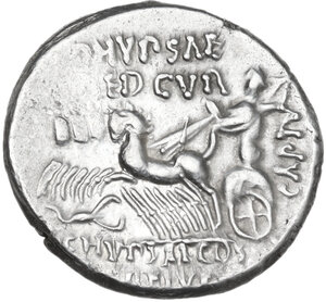 reverse: M. Aemilius Scaurus with Pub. Plautius Hypsaeus. . Denarius, 58 BC