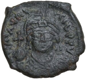 obverse: Maurice Tiberius (582-602).. AE Half Follis. Thessalonica mint. Dated RY 6 (587/88 AD)