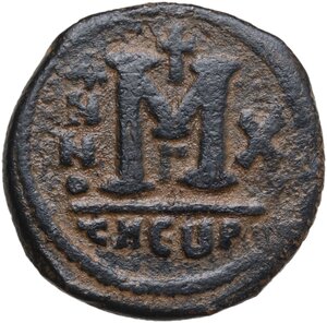 reverse: Maurice Tiberius (582-602).. AE Follis, Theoupolis (Antioch) mint, dated RY 10 (591-592)