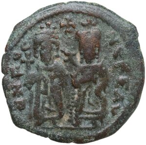 obverse: Phocas with Leontia (602-610).. AE Half Follis. Theoupolis (Antioch) mint. Dated RY 4 (605/6)