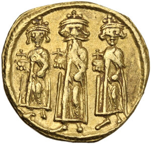 obverse: Heraclius, with Heraclius Constantine and Heraclonas (610-641).. AV Solidus. Constantinople mint, 3th officina. Struck circa 639-641