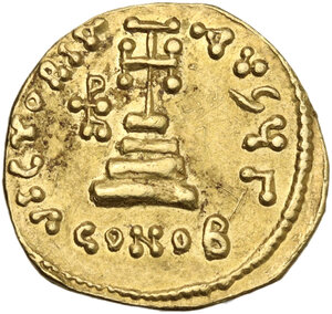 reverse: Heraclius, with Heraclius Constantine and Heraclonas (610-641).. AV Solidus. Constantinople mint, 3th officina. Struck circa 639-641