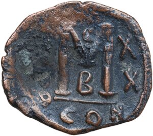 reverse: Heraclius, with Heraclius Constantine (610-641).. AE Follis, Constantinople mint, dared RY 20 (629-630)