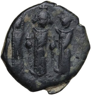 obverse: Heraclius, with Heraclius Constantine and Martina (610-641).. AE Follis. Cyprus mint, 3rd officina. Dated RY 18 (626/7)
