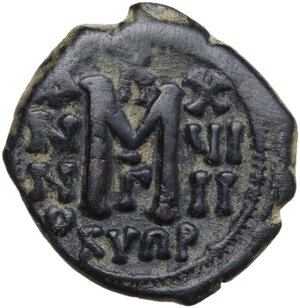 reverse: Heraclius, with Heraclius Constantine and Martina (610-641).. AE Follis. Cyprus mint, 3rd officina. Dated RY 18 (626/7)