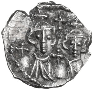 obverse: Constans II, with Constantine IV, Heraclius, and Tiberius (641-668). . AR Half Siliqua. Carthage mint, struck 662-668