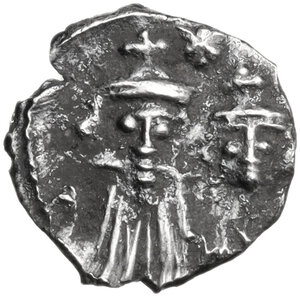 reverse: Constans II, with Constantine IV, Heraclius, and Tiberius (641-668). . AR Half Siliqua. Carthage mint, struck 662-668