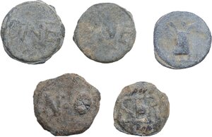 reverse: Leads from Ancient World.. Lot of five (5) unclassified leaden tesserae