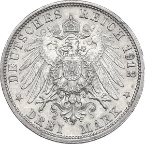 reverse: Germany.  Wilhelm II of Württemberg (1891-1918).. AR 3 Mark, Stuttgart mint, 1912F