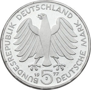 reverse: Germany. AR 5 Mark, Hamburg mint, 1977J.  Commemorative issue for the 200th birthday of Carl Friedrich Gauss (1777-1855)