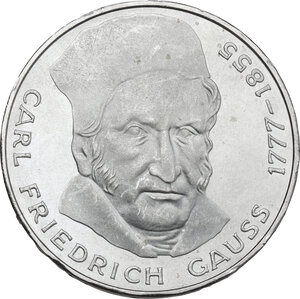 obverse: Germany. AR 5 Mark, Hamburg mint, 1977J.  Commemorative issue for the 200th birthday of Carl Friedrich Gauss (1777-1855)
