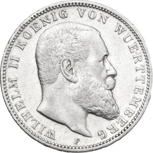 obverse: Germany. Wuerttemberg.  Wilhelm II of Württemberg (1891-1918).. AR 3 Mark, Stuttgart mint, 1908F