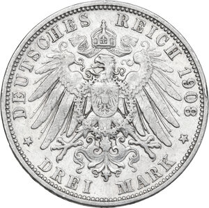 reverse: Germany. Wuerttemberg.  Wilhelm II of Württemberg (1891-1918).. AR 3 Mark, Stuttgart mint, 1908F
