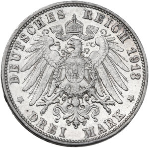 reverse: Germany. Wuerttemberg.  Wilhelm II (1891-1918).. AR 3 Mark, Stuttgart mint, 1913