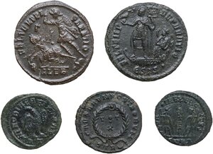 reverse: The Roman Empire.. Lot of five (5) bronze coins of the Constantinian dynasty