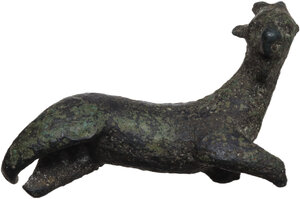 obverse: BRONZE GOAT FIGURINE  Roman period, c. 1st-3rd century AD.  Bronze statuette of a goat, represented lying down and with its head raised.  Dimensions: 35x43 mm