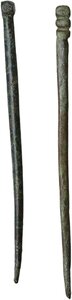 obverse: TWO ROMAN HAIR NEEDLES  Roman period, c. 1st-3rd century AD.  Two bronze hair needles.  Lenght: 83 and 80 mm
