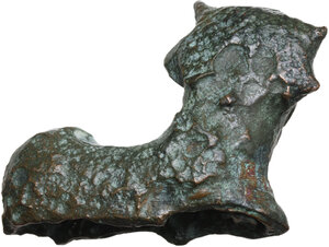 reverse: ROMAN BRONZE FIGURE  Roman period, c. 1st-3rd century AD.  Roman cast figure in the shape of an animal (lion?).  Height: 30 mm., Lenght: 38 mm
