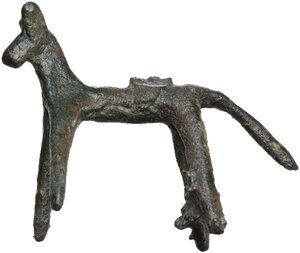 obverse: ROMAN HORSE STATUETTE  Roman period, c. 3rd-4th century AD.  Roman bronze statuette depicting a stylised horse with a long tail.  Dimension: 53x39 mm