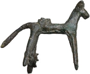 reverse: ROMAN HORSE STATUETTE  Roman period, c. 3rd-4th century AD.  Roman bronze statuette depicting a stylised horse with a long tail.  Dimension: 53x39 mm