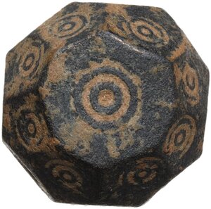 obverse: ROMAN BRONZE DICE  Roman period, c. 1st-3rd century AD.  Roman bronze game dice with numerous faces.  Diameter: 18 mm
