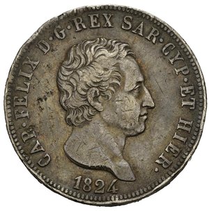 obverse: Regno di Sardegna. Carlo Felice (1821-1831). 5 lire 1824 Torino. Ag. Gig. 40. Rara. Colpetti al bordo. qBB