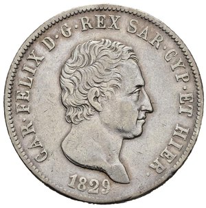 obverse: Regno di Sardegna. Carlo Felice (1821-1831). 5 lire 1829 Genova. Ag. Gig. 49. qBB